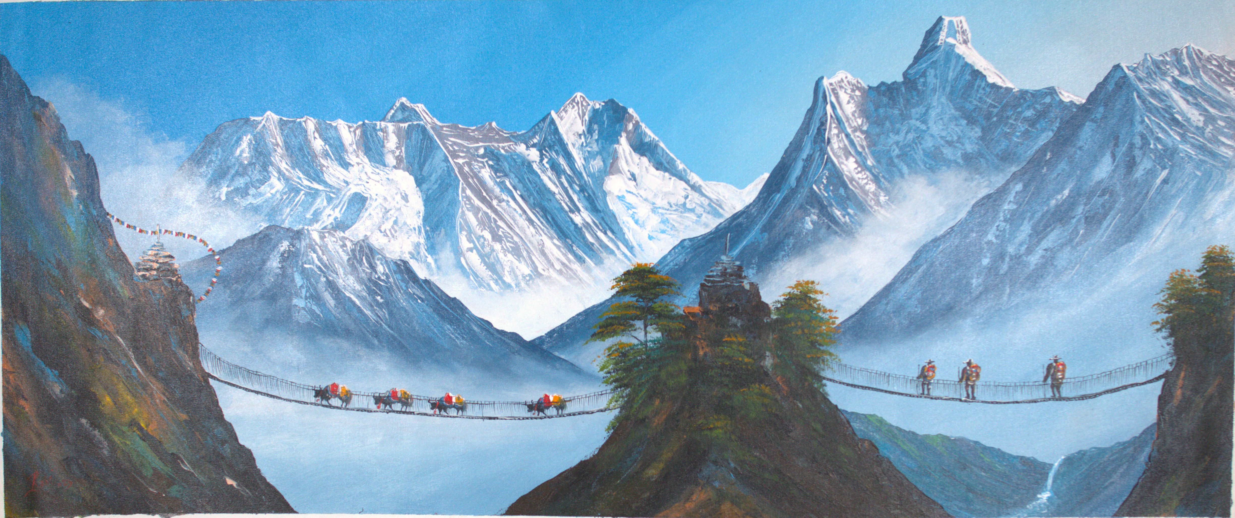 Hikers and Yak crossing the bridge in backdrop of Mt Everest and Ama Dablam